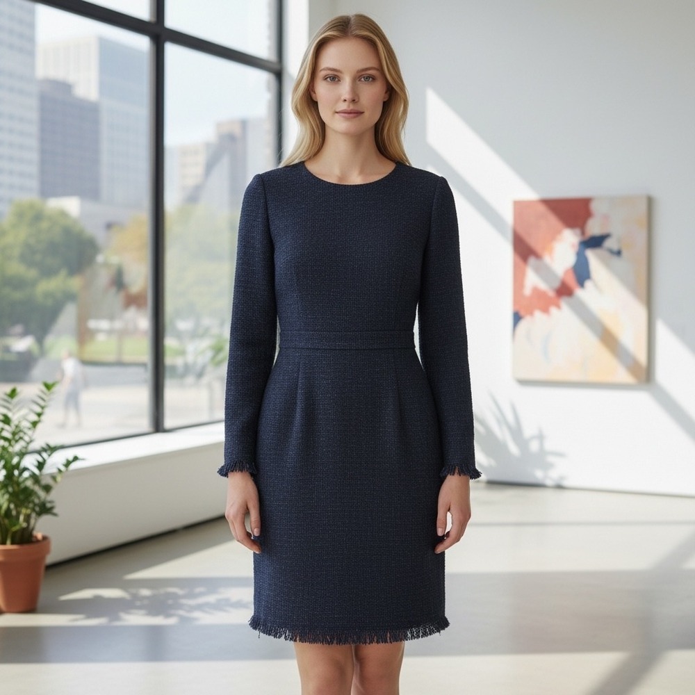 J. Crew Navy‎ Textured Sheath Dress Fringed Hem 3/4 Sleeve Pockets Rear Slit  2